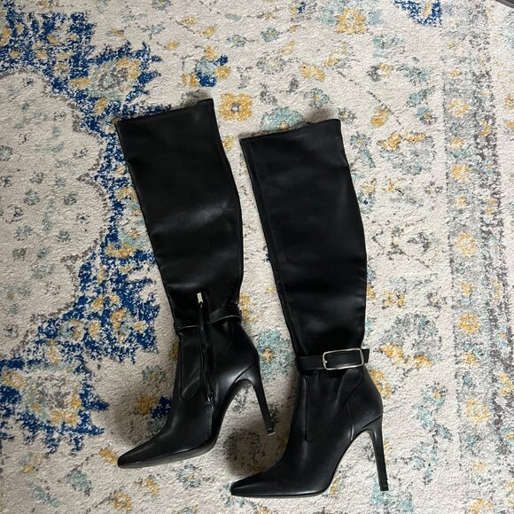 Over the Knee (faux) leather Marc Fisher black stiletto boots (size 7.5) - Picture 2 of 7